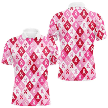 Maxcorners Pink Plaid Mens Golf Polo Shirt Custom Pink Ribbon Breast Cancer Awareness Team Golf Tops, Golf Gifts LM2901