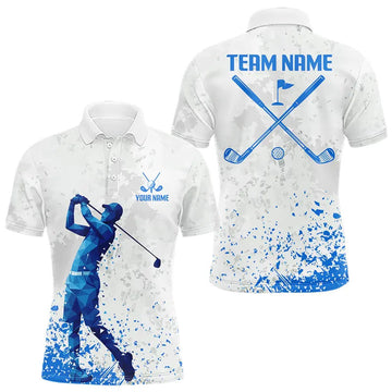 Maxcorners Blue And White Polygonal Pattern Mens Golf Polo Shirts Custom White Golf Clubs Golf Shirt For Men
