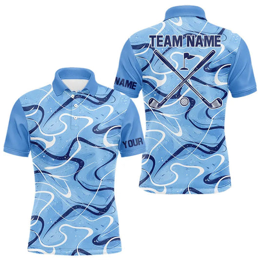 Maxcorners Blue And White Mens Golf Polo Shirts Custom Blue Camo Golf Tops For Men, Personalized Golf Gifts