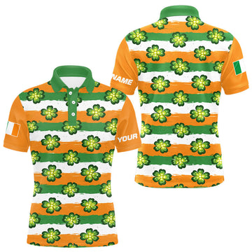 Maxcorners Mens Golf Polos Shirts Custom Green Clover St Patricks Day Pattern Ireland Flag Golf Shirt For Men LM1104