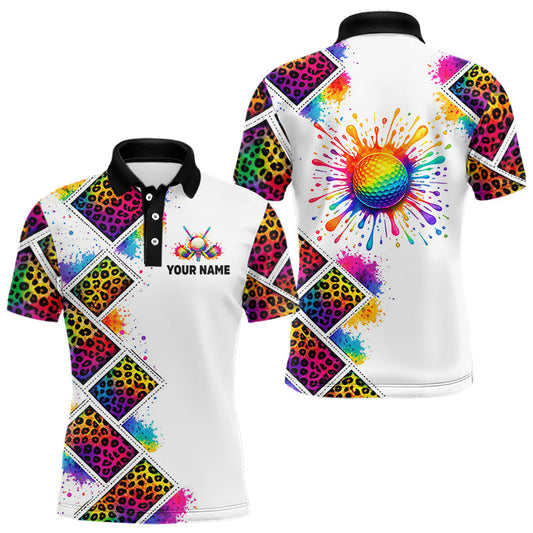 Maxcorners Rainbow Mens Golf Polo Shirt Leopard Print Pattern Custom Team Golf Tops For Men, Golf Gifts