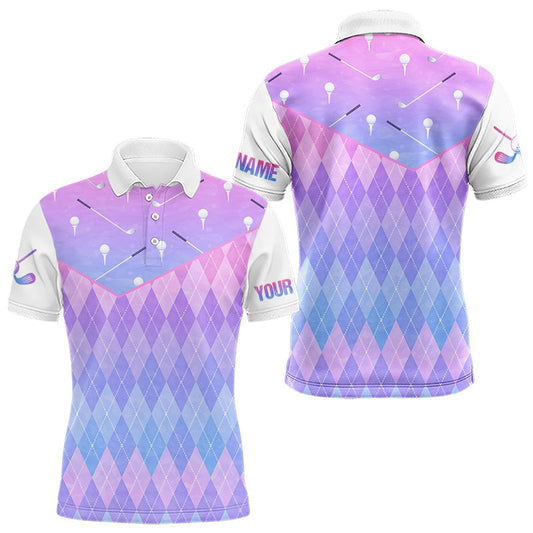 Maxcorners Argyle Golf Polo Shirt For Men Custom Pink & Purple Plaid Golf Clubs Pattern Team Golf Top, Golf Gifts LM0901