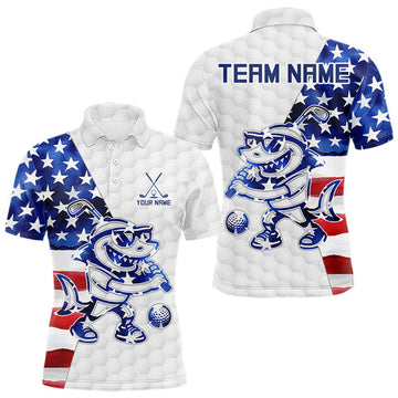 Maxcorners Funny Mens Golf Polo Shirt Patriotic American Flag Custom Name Shark Playing Golf Shirt Funny Golf Apparel LM1112