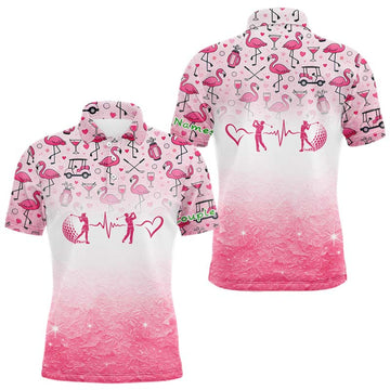 Maxcorners Pink Flamingo Heart Theme Matching Golf Polos For Couple Custom Couple Valentines Outfit LM1104
