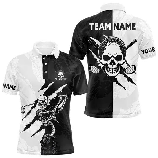 Maxcorners Funny Skull Golf Polo Shirts Black And White Golf Clubs Camo Pattern Custom Skull Playing Golf Apparel