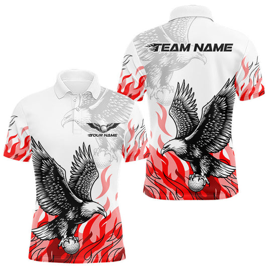 Maxcorners Mens Golf Polo Shirt Custom Eagle Red Flame Team Golf Tops, White Golf Outfit For Men