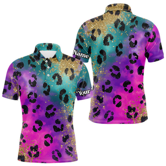 Maxcorners Leopard Mens Golf Polo Shirt Custom Colorful Neon Rainbow Leopard Pattern Team Golf Tops, Golf Gifts LM2201