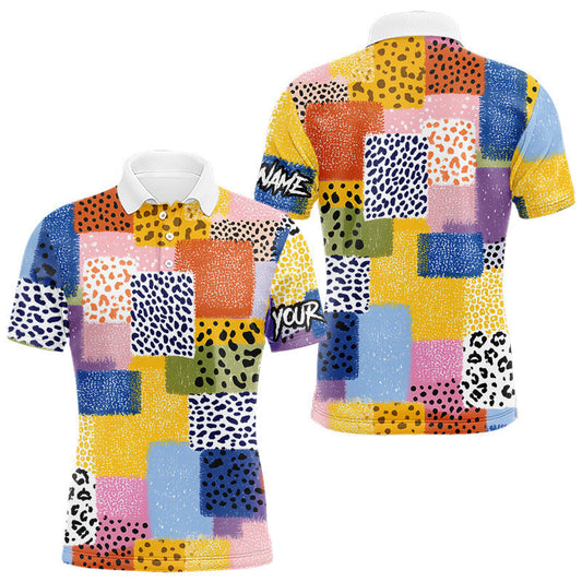 Maxcorners Funny Plaid Mens Golf Polo Shirt Custom Colorful Leopard Square Pattern Team Golf Tops, Golf Gifts LM2201