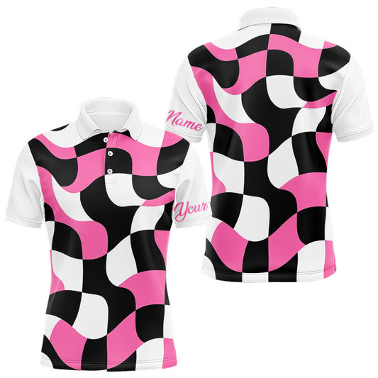 Maxcorners Mens Golf Polo Shirt Custom Pink Checkerboard Argyle Pattern Golf Attire For Men, Golf Gifts LM0901