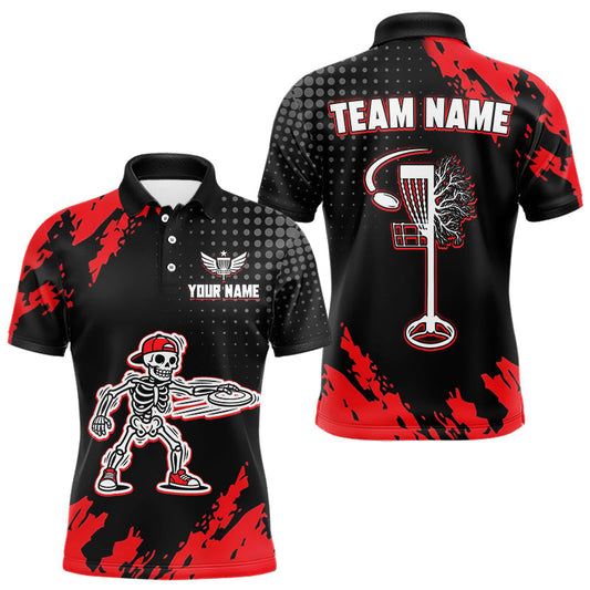 Maxcorners Skull Mens Disc Golf Polo Shirt Custom Name Black And Red Disc Golf Basket Personalized Golf Shirts LM0901