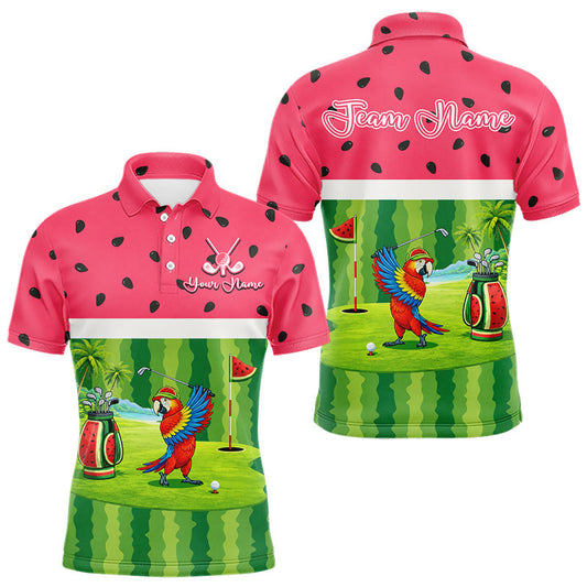 Maxcorners Funny Mens Golf Polo Shirt Custom Watermelon Tropical Pattern, Parrot Golf Shirts For Team LM1501