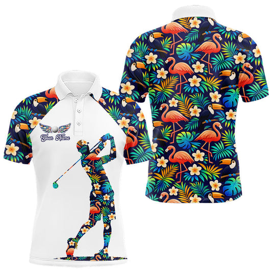 Maxcorners Funny Mens Golf Polo Shirt Custom Toucan Tropical Pattern, Flamingo Golf Shirts For Men LM1501