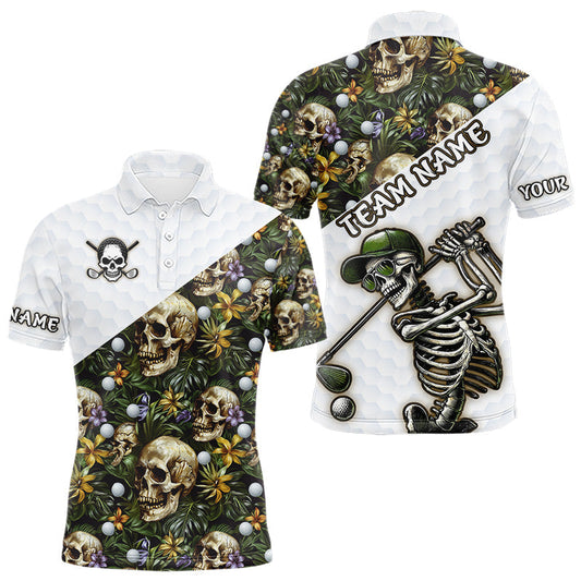Maxcorners Funny Mens Golf Polo Shirts Custom Green Tropical Leaf Pattern Personalized Skull Golf Shirts For Men LM1812