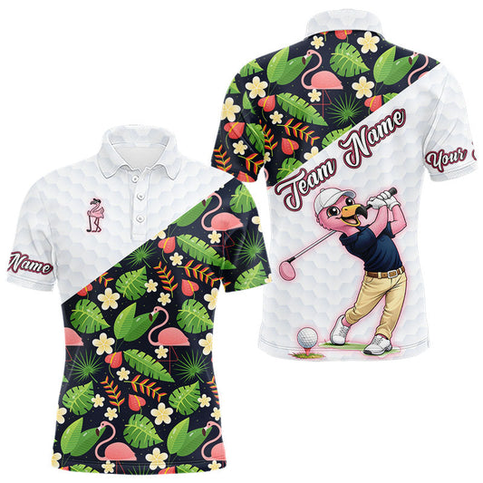 Maxcorners Funny Flamingo Mens Golf Polo Shirt Custom Colorful Floral Flamingo Pattern, Tropical Team Golf Polo