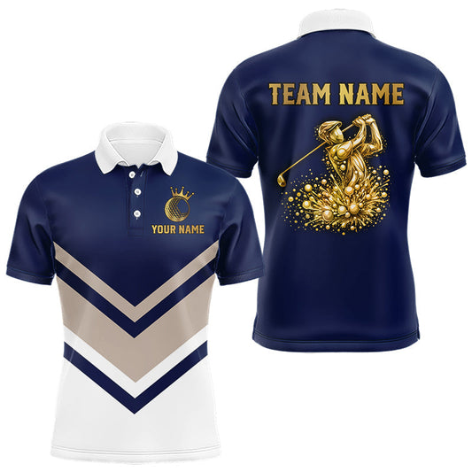 Maxcorners Blue And White Mens Golf Polo Shirt Custom Gold Golfer Swing & Golf Ball Graphic Team Polo, Golf Gifts LM0901