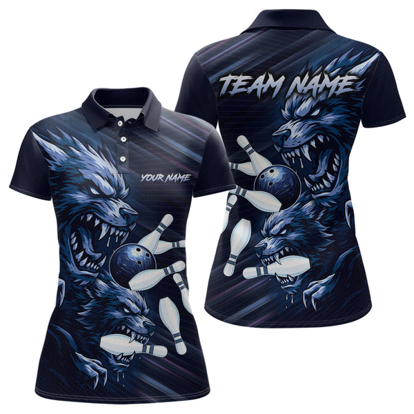Maxcorners Wolf Bowling Shirts for Team Women Men Custom Blue Wolf Bowling Polo&1/4 Zip LM3010