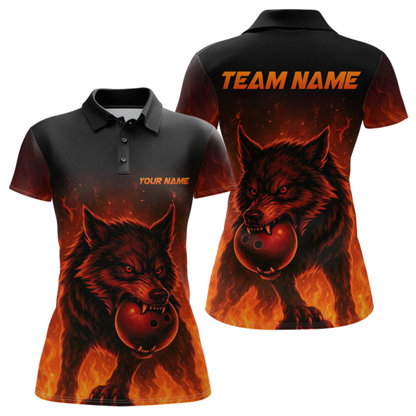 Maxcorners Flame Wolf Bowling Shirts for Team Women Men Custom Wolf Bowling Polo & Quarter Zip LM3010