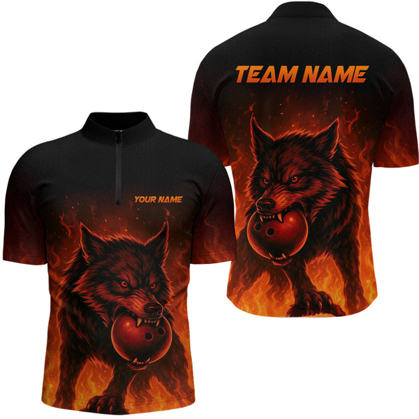Maxcorners Flame Wolf Bowling Shirts for Team Women Men Custom Wolf Bowling Polo & Quarter Zip LM3010