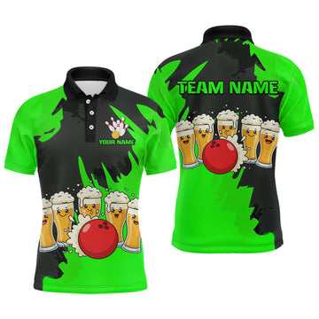 Maxcorners Funny Beer Bowling Shirts Green for Women Men Team Bowling Polo & 1/4 Zip Shirts