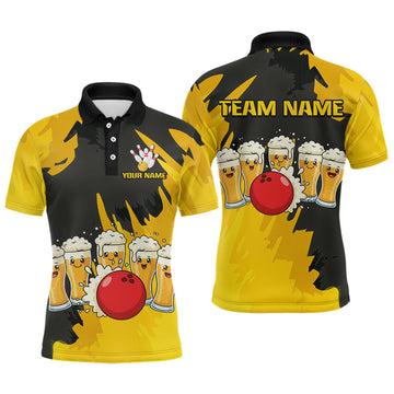 Maxcorners Funny Beer Bowling Shirts Yellow for Women Men Team Bowling Polo & 1/4 Zip Shirts