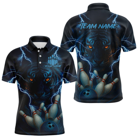 Maxcorners Tiger Bowling Shirts for Team Women Men Custom Blue Lightning Bowling Polo&1/4 Zip Shirt LM2110
