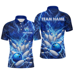 Maxcorners Blue Lightning Bowling Shirts for Team Women Men Custom Bowling Polo & 1/4 Zip Shirt