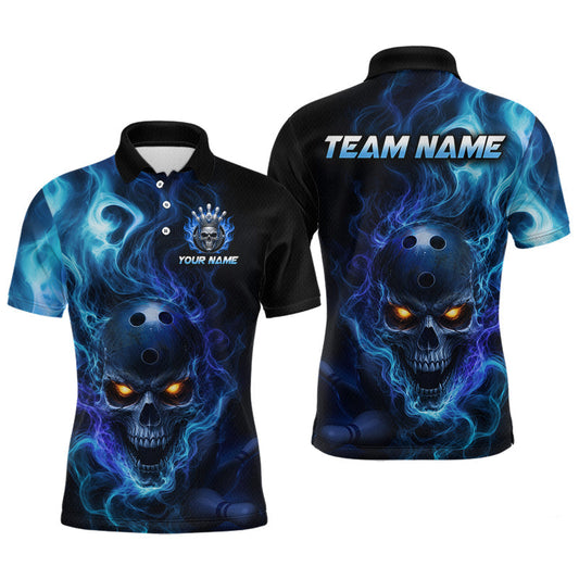 Maxcorners Custom Blue Flame Skull Bowling Jersey for Men Bowling Team Shirts Bowling League Polo & 1/4 Zip LM0706