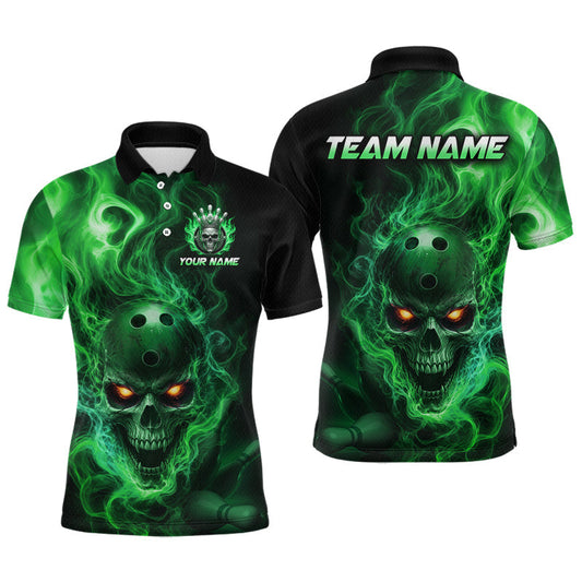 Maxcorners Custom Green Flame Skull Bowling Jersey for Men Bowling Team Shirts Bowling League Polo & 1/4 Zip LM0706