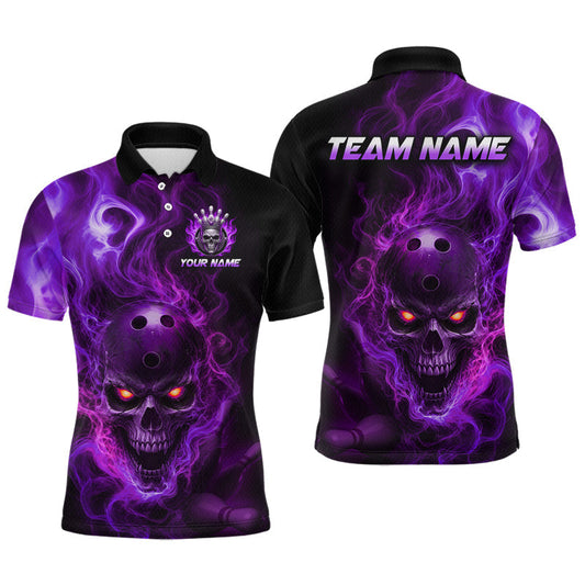 Maxcorners Custom Purple Flame Skull Bowling Jersey for Men Bowling Team Shirts Bowling League Polo & 1/4 Zip LM0706