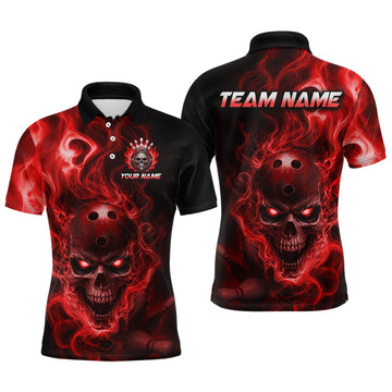 Maxcorners Custom Red Flame Skull Bowling Jersey for Men Bowling Team Shirts Bowling League Polo & 1/4 Zip