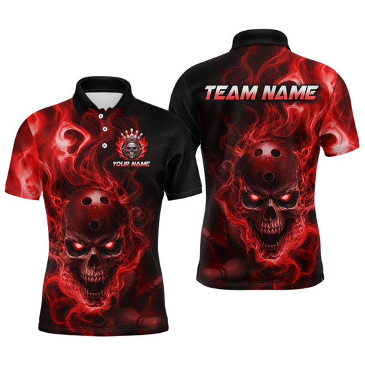 Maxcorners Custom Red Flame Skull Bowling Jersey for Men Bowling Team Shirts Bowling League Polo & 1/4 Zip LM0706