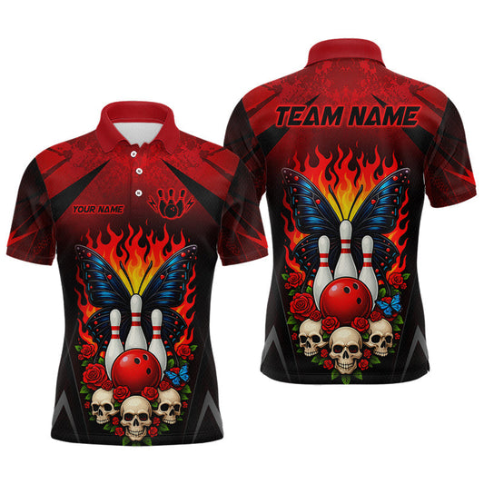 Maxcorners Custom Flame Skull Butterfly Bowling Jersey for Men Bowling Team Shirts Bowling League Polo & 1/4 Zip LM0706