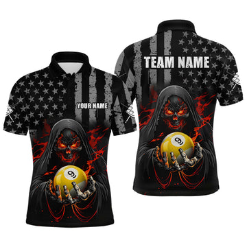 Maxcorners Custom US Skull 9 Ball Billiard Shirts for Men Billiard Team Shirts Billiard League Polo & 1/4 Zip