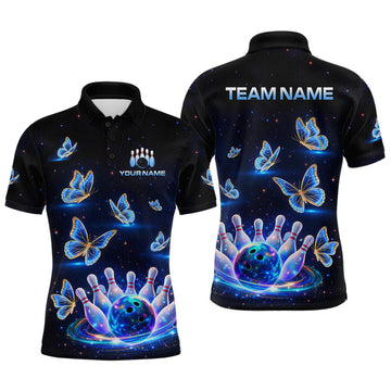 Maxcorners Custom Galaxy Butterflies Bowling Jersey for Men Bowling Tournament Polo & 1/4 Zip Bowling Team Shirts