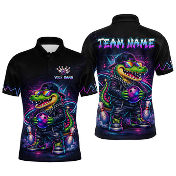 Maxcorners Custom Neon Funny Alligator Bowling Jersey for Men Bowling Tournament Polo & 1/4 Zip Bowling Team Shirts