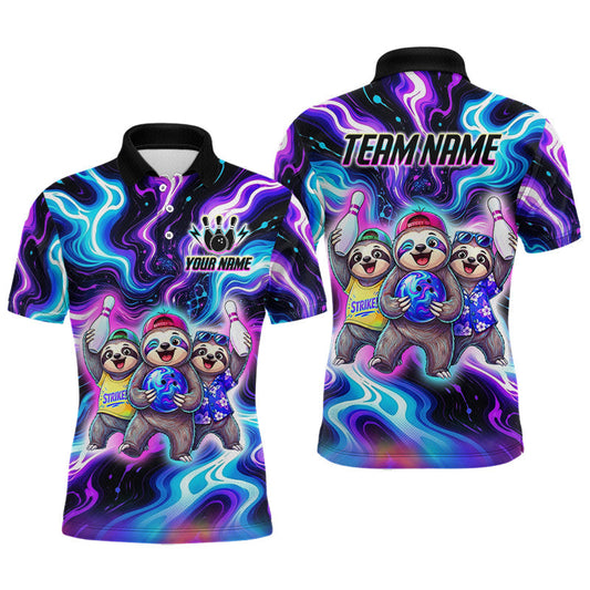 Maxcorners Custom Funny Sloth Bowling Jersey for Men Purple Blue Neon Bowling Team Shirts Bowling League LM1005