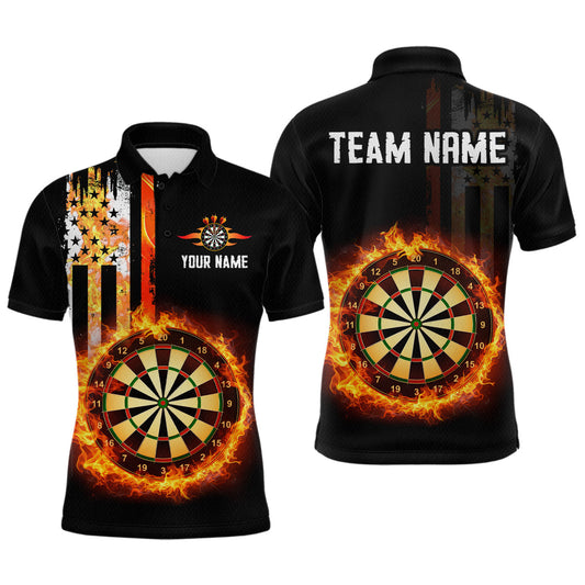 Maxcorners Custom Flame US Flag Darts Shirt for Men Darts Team Jerseys Dart Tourament Polo & 1/4 Zip