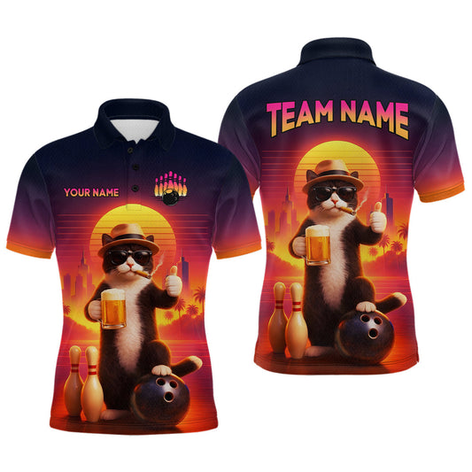 Maxcorners Custom Beer Cat Retro Bowling Shirt for Men Cat Funny Beer Bowling Team Jersey Polo &1/4 Zip LM1104