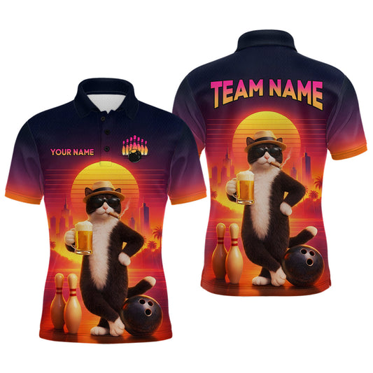 Maxcorners Beer Cat Funny Bowling Shirt for Men Retro Custom Cat with Beer Bowling Team Jersey LM1104
