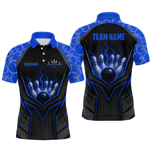 Maxcorners Custom Blue Flame Bowling Jersey for Men Bowling Team Shirts Bowling Polo & 1/4 Zip LM1406