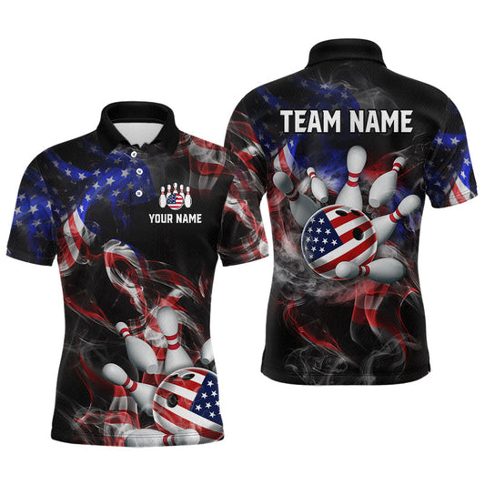 Maxcorners Custom American Flag Smoke Bowling Jersey for Men Bowling Team Shirts Bowling Polo & 1/4 Zip LM1406