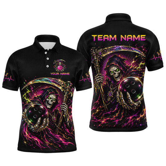 Maxcorners Custom Neon Grim Reaper Bowling Jersey for Men Bowling Team Shirts Bowling Polo & 1/4 Zip LM1406