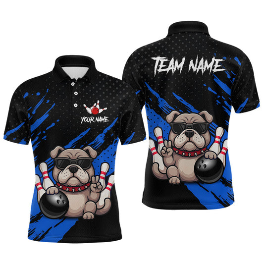 Maxcorners Custom Blue Funny Bulldog Bowling Jersey for Men Bowling Uniform Polo & 1/4 Zip Bowling Team Shirts LM2405