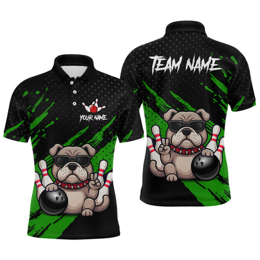 Maxcorners Custom Green Funny Bulldog Bowling Jersey for Men Bowling Uniform Polo & 1/4 Zip Bowling Team Shirts LM2405