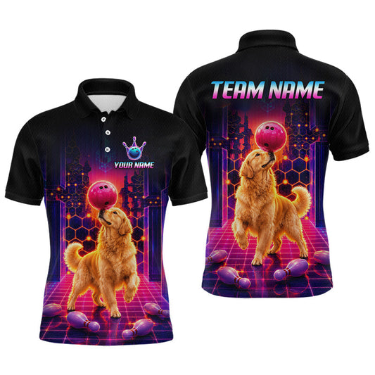 Maxcorners Golden Retriever Dog Retro Neon Synthwave Bowling Shirt for Men Bowling Jersey Tournament LM1705