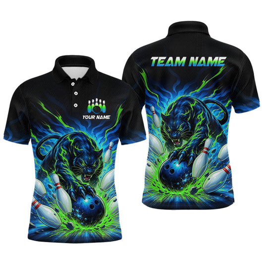 Maxcorners Custom Black Panther Bowling Jersey for Men Green Bowling Team Shirts Bowling League Polo & 1/4 Zip