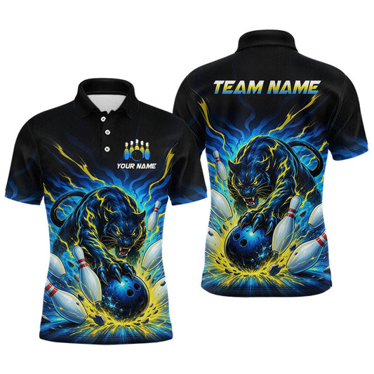 Maxcorners Custom Black Panther Bowling Jersey for Men Yellow Bowling Team Shirts Bowling League Polo & 1/4 Zip