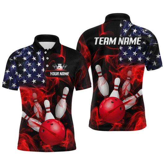 Maxcorners Custom US Flag Smoke Bowling Shirt for Men Bowling Uniform Bowling Team Shirts LM2405