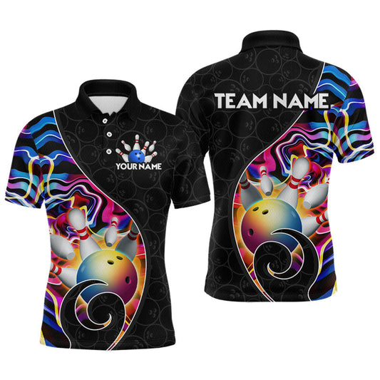 Maxcorners Blue Neon Wave Bowling Team Shirts, Strike Bowling Shirts For Men Bowling Jersey Tournament LM1705