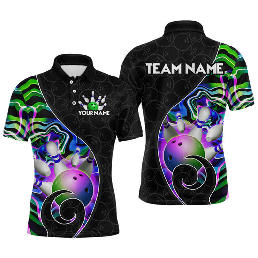 Maxcorners Green Neon Wave Bowling Team Shirts, Strike Bowling Shirts For Men Bowling Jersey Tournament LM1705